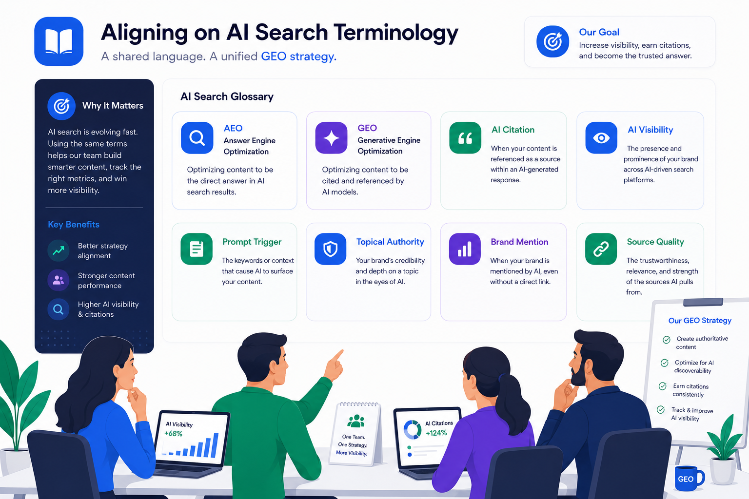 Marketing team aligning on AI search terminology to build a unified GEO strategy