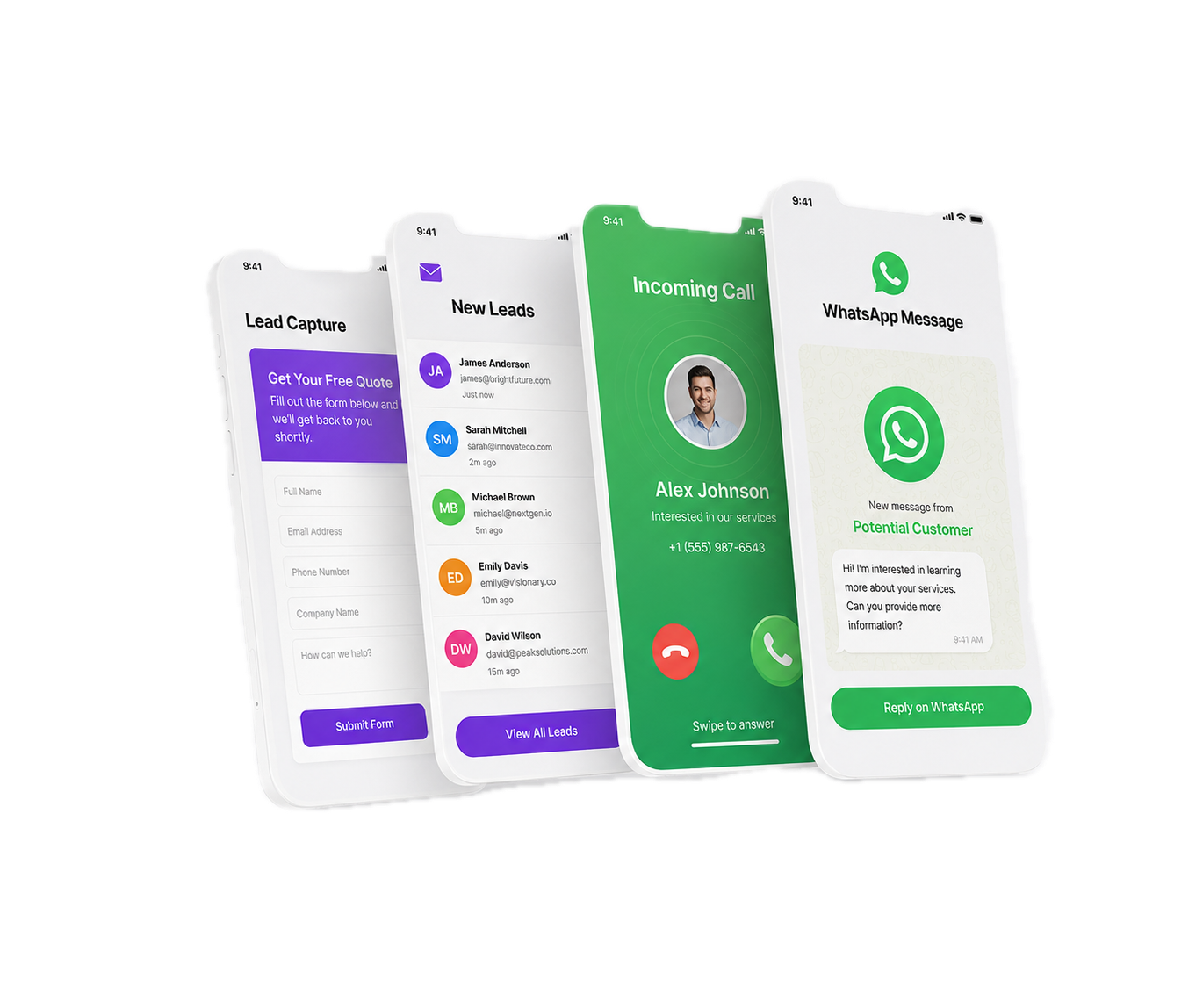 Lead generation screens showing inbound forms, new leads, incoming calls and WhatsApp messages