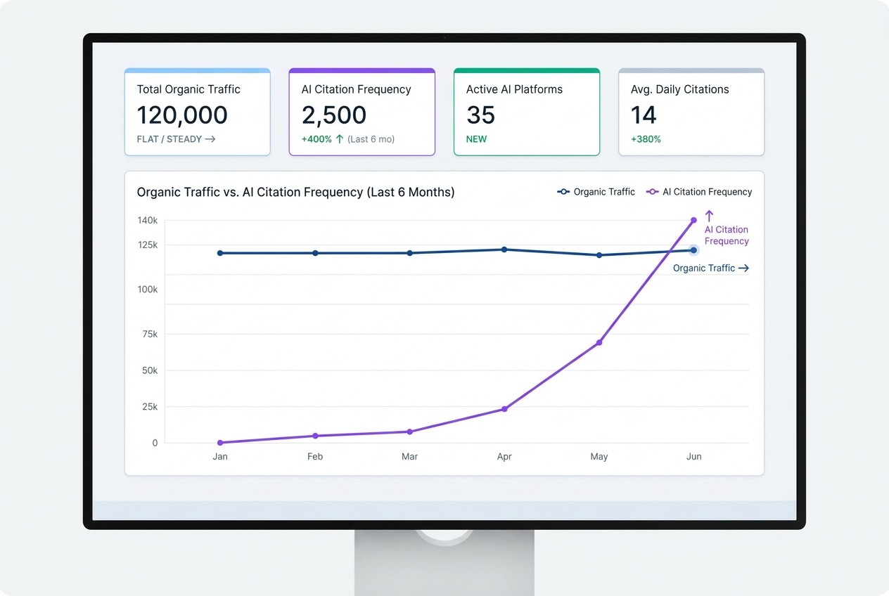 Dashboard showing traditional organic traffic maintained while AI citation frequency grew 400% over 6 months